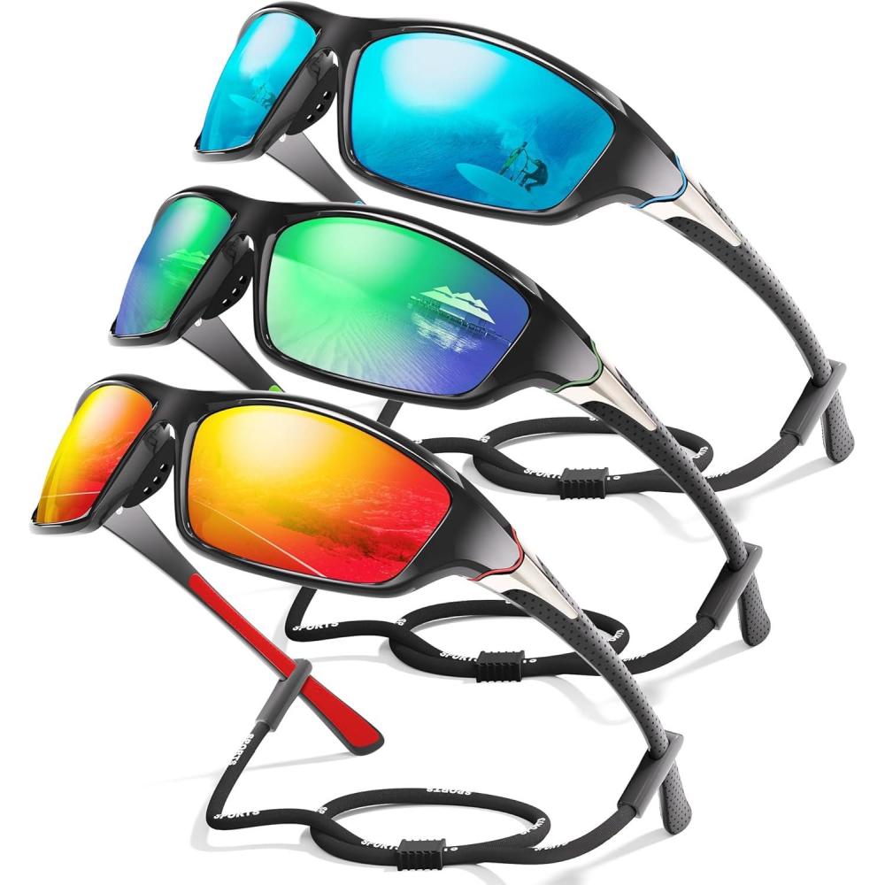 image3 Pack Polarized Sports Sunglasses for Men Mens Sunglasses Wrap Around UV Protection for Cycling Fishing DrivingA05ice BlueGreenRed