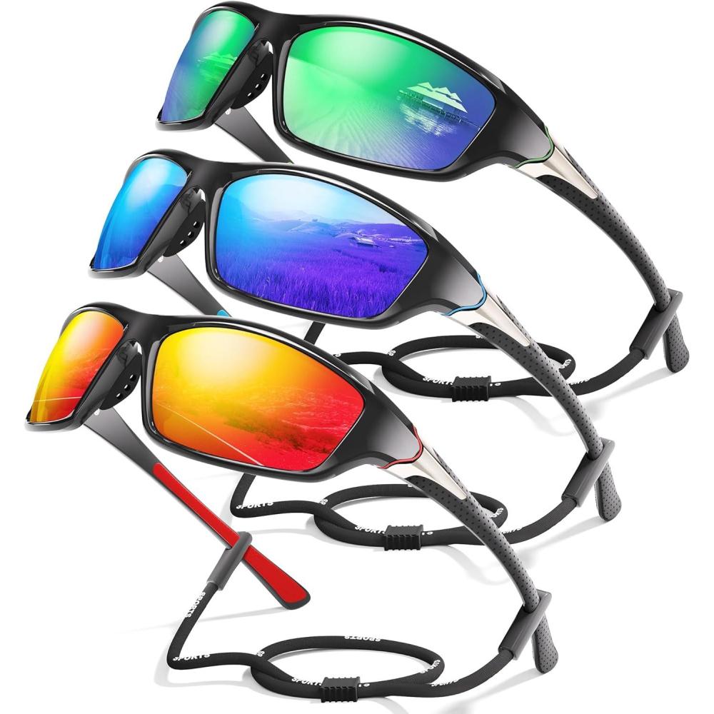 image3 Pack Polarized Sports Sunglasses for Men Mens Sunglasses Wrap Around UV Protection for Cycling Fishing DrivingB02greenDark BlueRed