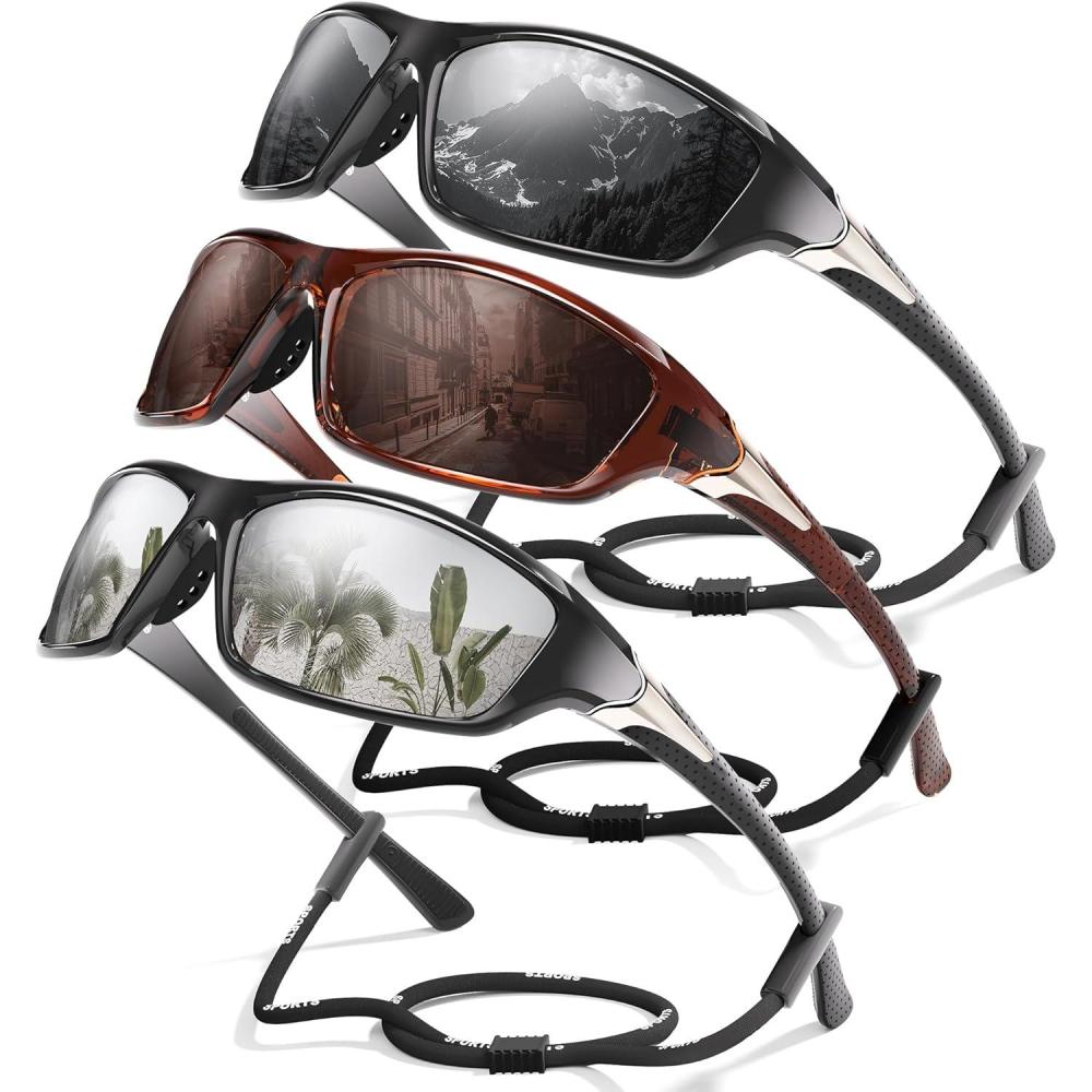 image3 Pack Polarized Sports Sunglasses for Men Mens Sunglasses Wrap Around UV Protection for Cycling Fishing DrivingC01greyCoffeeWhite