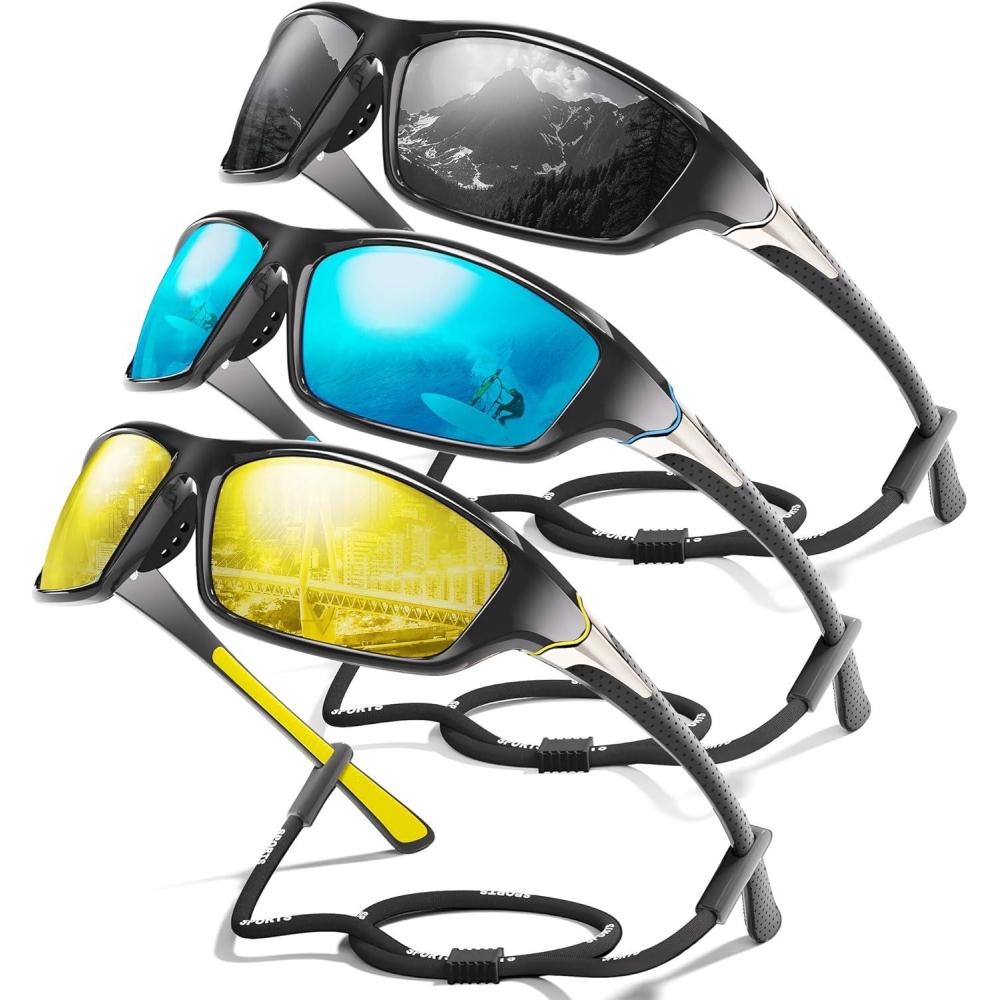 image3 Pack Polarized Sports Sunglasses for Men Mens Sunglasses Wrap Around UV Protection for Cycling Fishing DrivingC04greyIce BlueYellow