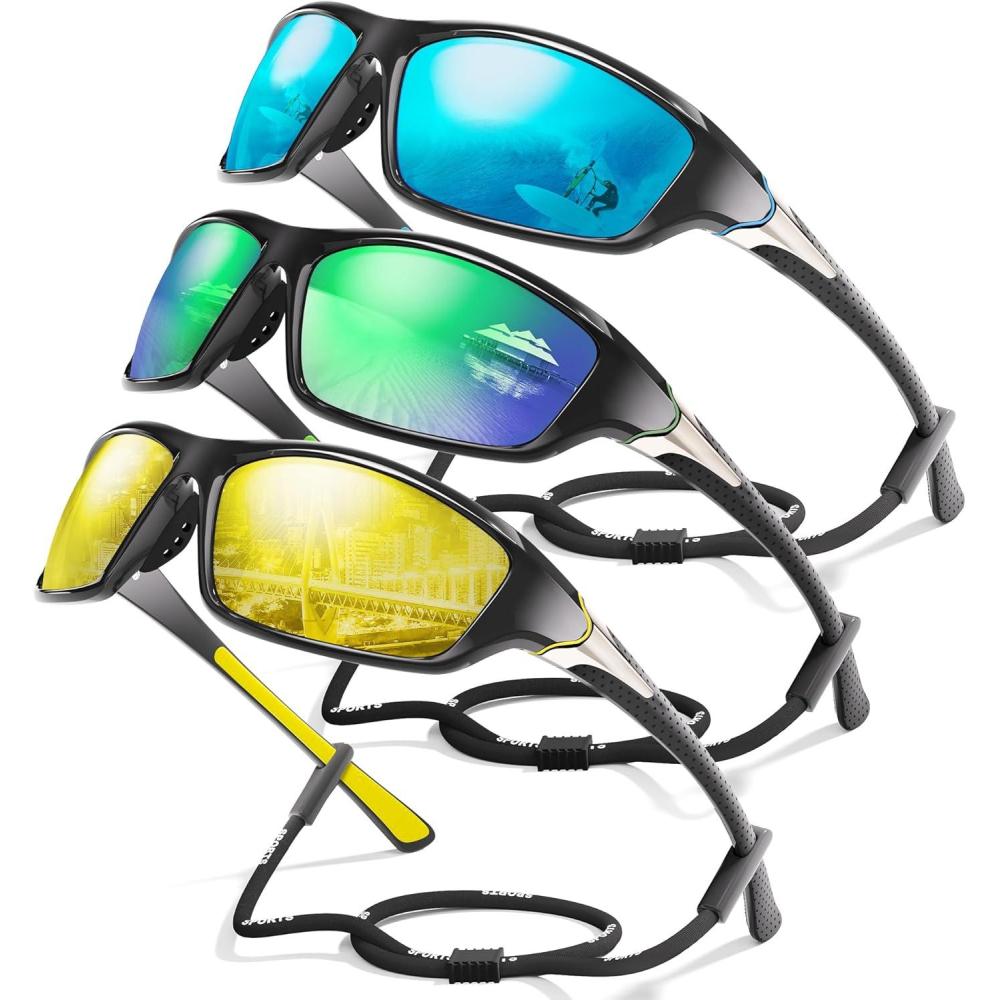 image3 Pack Polarized Sports Sunglasses for Men Mens Sunglasses Wrap Around UV Protection for Cycling Fishing DrivingC07ice BlueGreenYellow