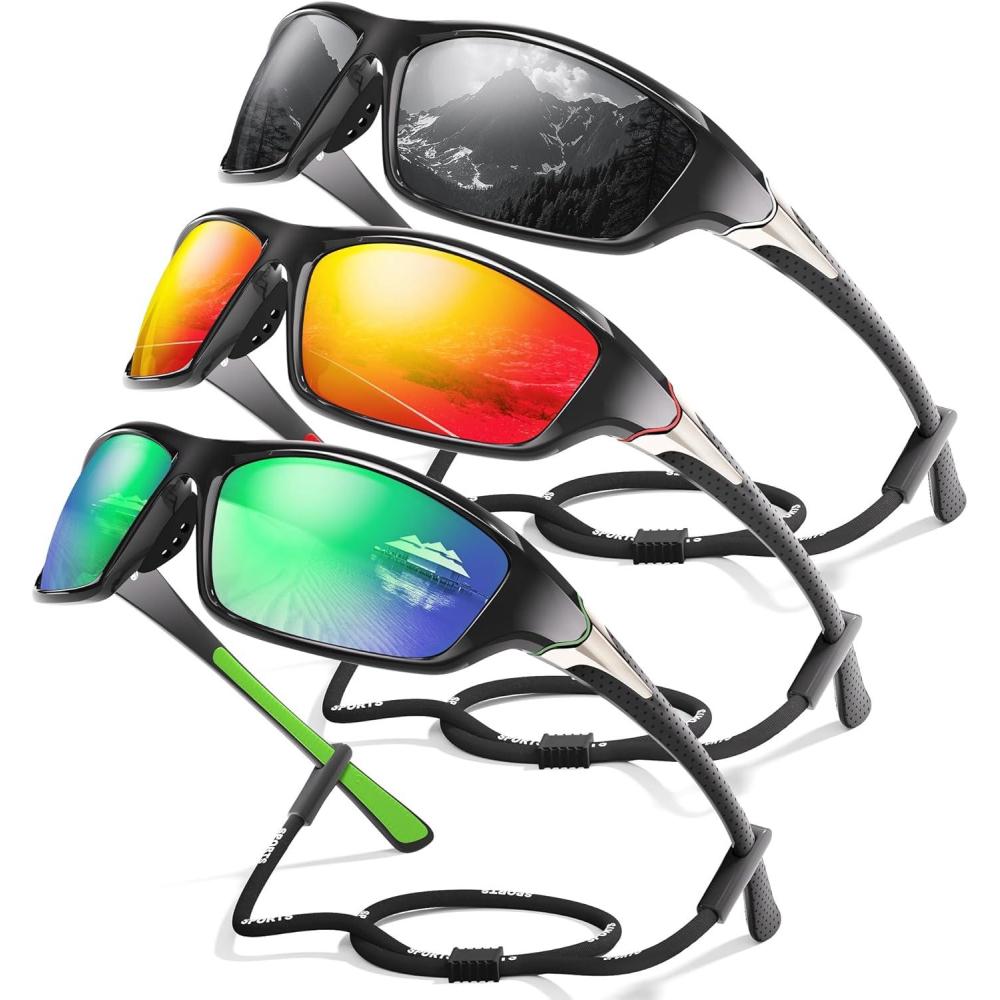 image3 Pack Polarized Sports Sunglasses for Men Mens Sunglasses Wrap Around UV Protection for Cycling Fishing DrivingC08greyRedGreen