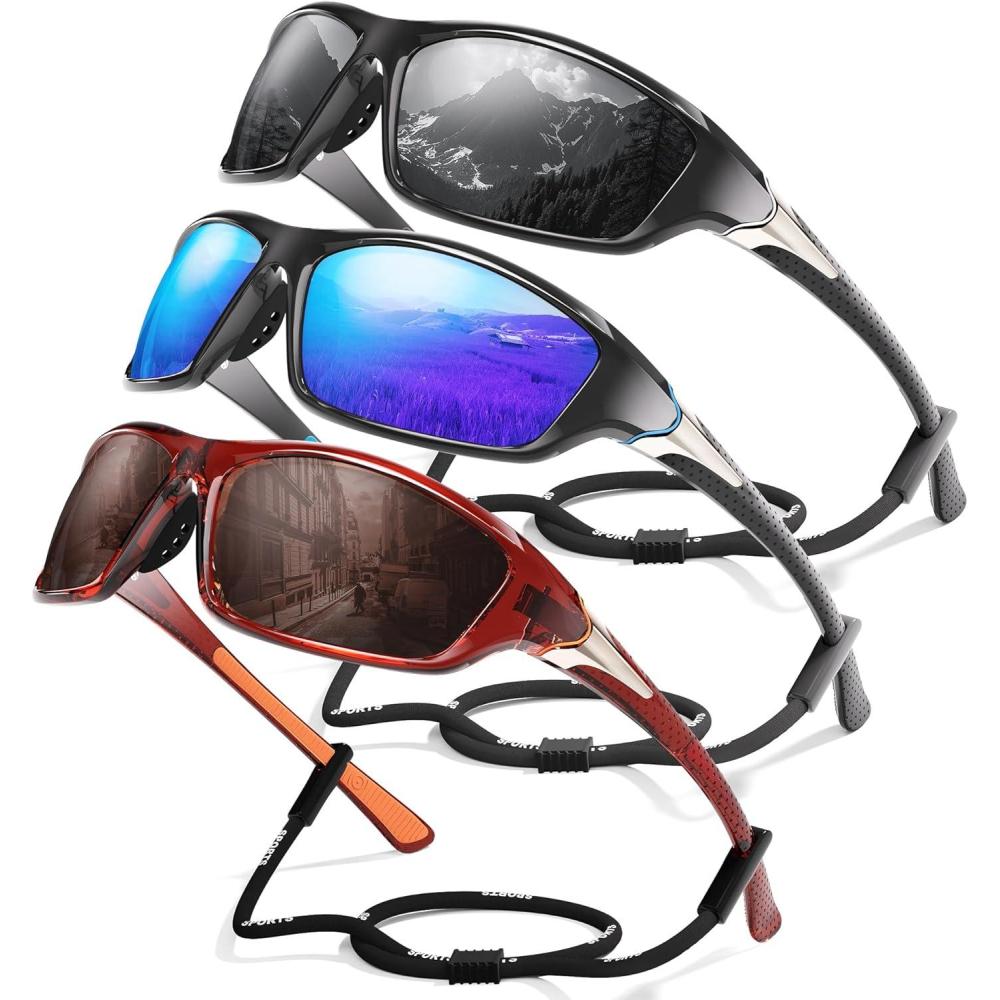 image3 Pack Polarized Sports Sunglasses for Men Mens Sunglasses Wrap Around UV Protection for Cycling Fishing DrivingD07greyDark BlueBrown