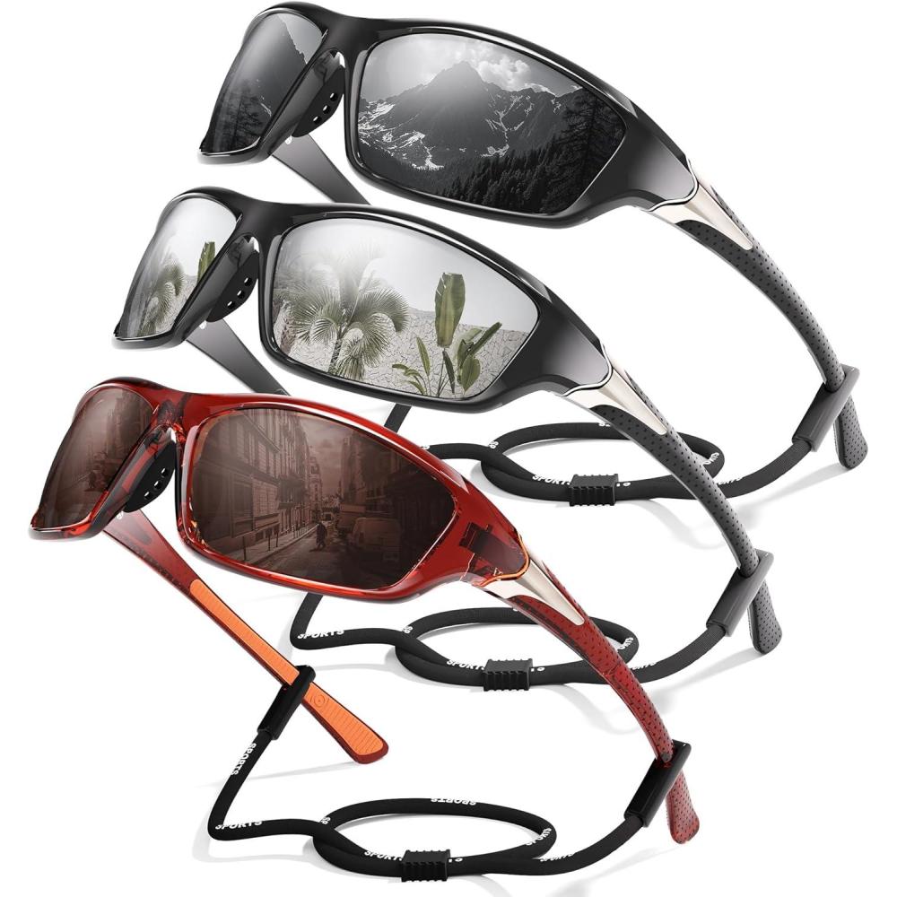 image3 Pack Polarized Sports Sunglasses for Men Mens Sunglasses Wrap Around UV Protection for Cycling Fishing DrivingD09greyWhiteBrown