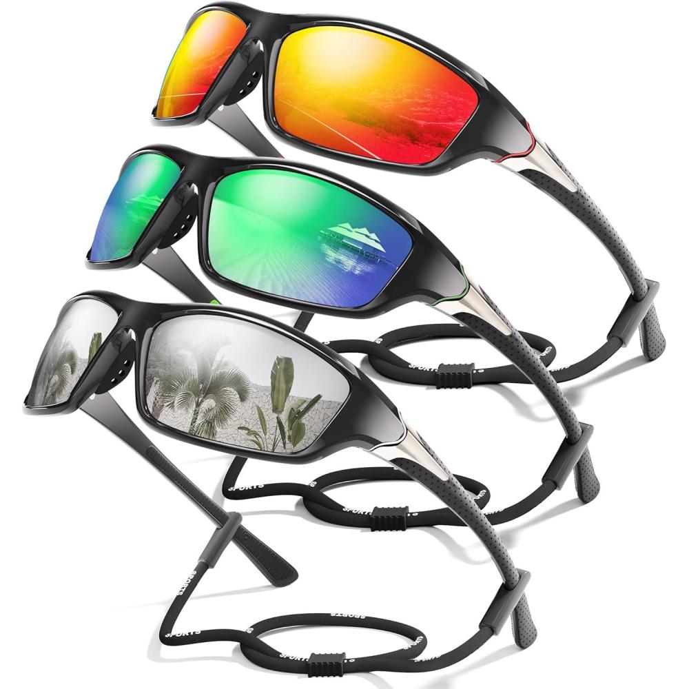 image3 Pack Polarized Sports Sunglasses for Men Mens Sunglasses Wrap Around UV Protection for Cycling Fishing DrivingE03redGreenWhite