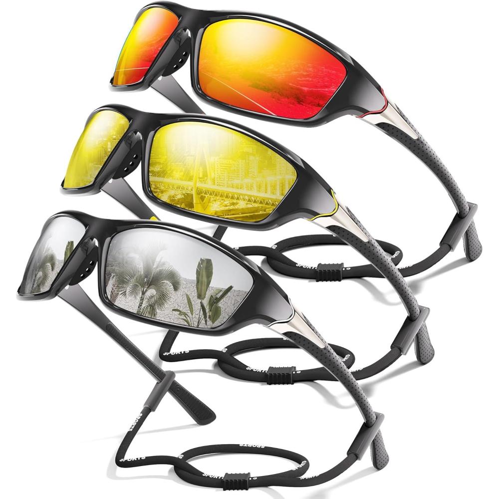 image3 Pack Polarized Sports Sunglasses for Men Mens Sunglasses Wrap Around UV Protection for Cycling Fishing DrivingE04redYellowWhite