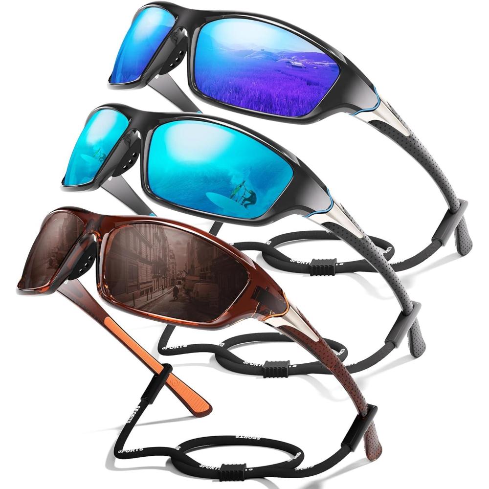 image3 Pack Polarized Sports Sunglasses for Men Mens Sunglasses Wrap Around UV Protection for Cycling Fishing DrivingE05dark BlueIce BlueCoffee