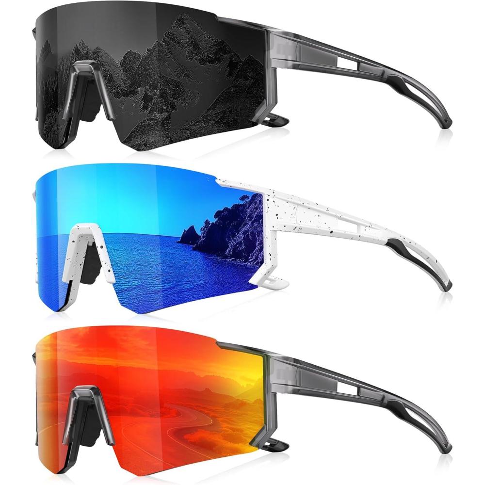 image3 Pack Polarized Sunglasses for Men Women Sports Mens Sunglasses with UV Protection for Baseball Cycling RunningA01grayIce BlueRed