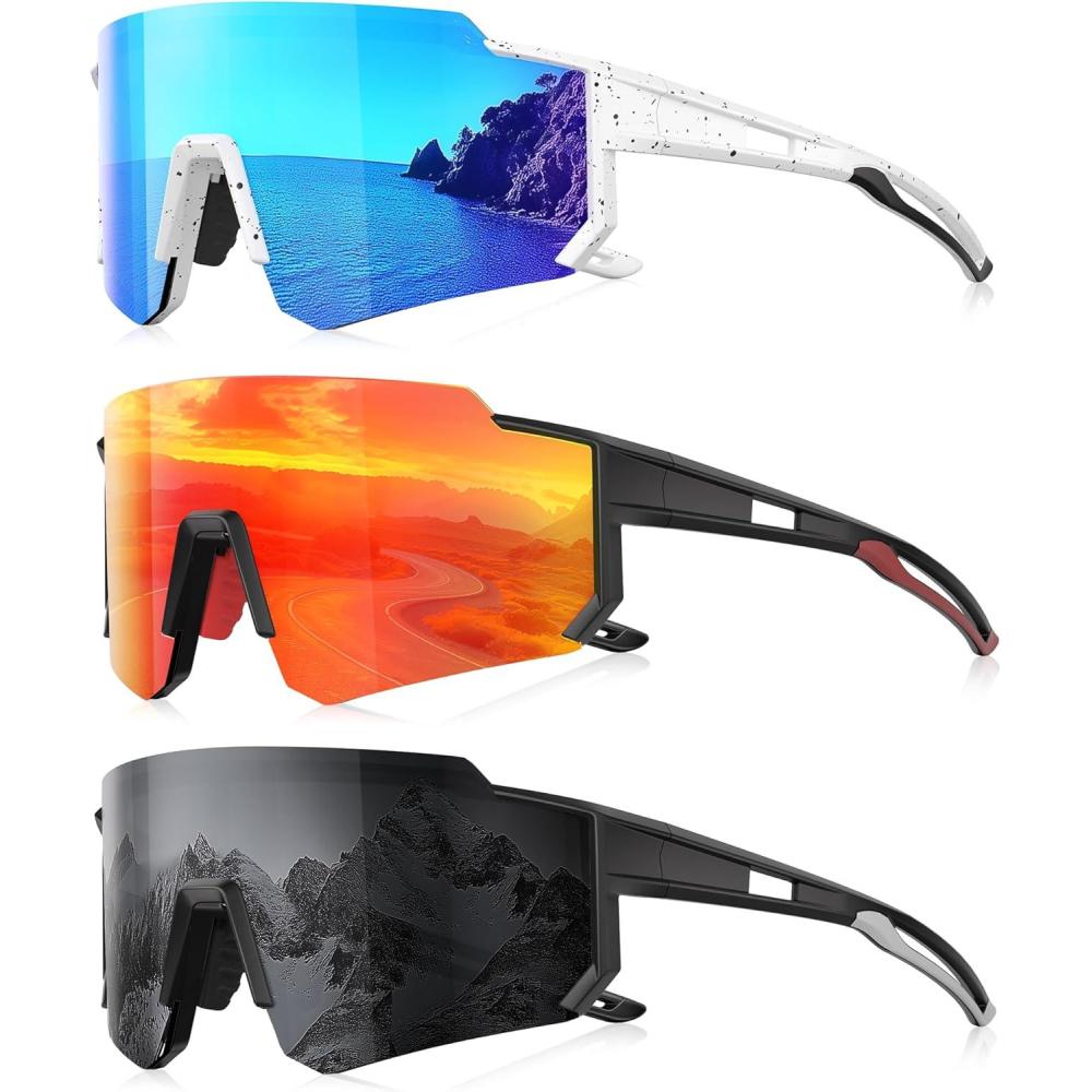 image3 Pack Polarized Sunglasses for Men Women Sports Mens Sunglasses with UV Protection for Baseball Cycling RunningA04ice BlueRedGray