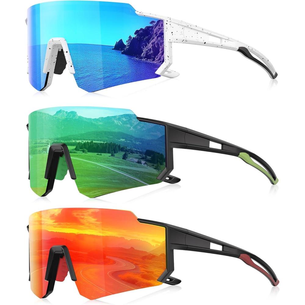 image3 Pack Polarized Sunglasses for Men Women Sports Mens Sunglasses with UV Protection for Baseball Cycling RunningC03ice BlueGreenRed
