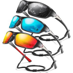 3 Pack Polarized Sports Sunglasses for Men, Mens Sunglasses Wrap Around UV Protection for Cycling Fishing Driving(A02-grey/Ice Blue/Red)
