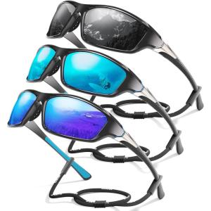 3 Pack Polarized Sports Sunglasses for Men, Mens Sunglasses Wrap Around UV Protection for Cycling Fishing Driving(A03-grey/Ice Blue/Dark Blue)