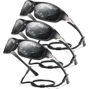 3 Pack Polarized Sports Sunglasses for Men, Mens Sunglasses Wrap Around UV Protection for Cycling Fishing Driving(A04-grey/Grey/Grey)