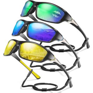 3 Pack Polarized Sports Sunglasses for Men, Mens Sunglasses Wrap Around UV Protection for Cycling Fishing Driving(B08-green/Dark Blue/Yellow)