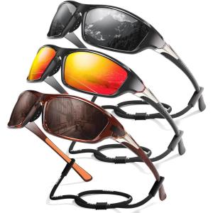 3 Pack Polarized Sports Sunglasses for Men, Mens Sunglasses Wrap Around UV Protection for Cycling Fishing Driving(B09-grey/Red/Coffee)
