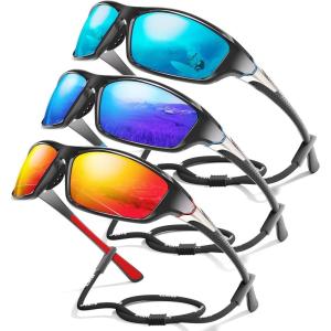 3 Pack Polarized Sports Sunglasses for Men, Mens Sunglasses Wrap Around UV Protection for Cycling Fishing Driving(C02-ice Blue/Dark Blue/Red)