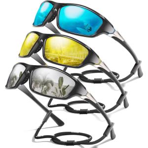 3 Pack Polarized Sports Sunglasses for Men, Mens Sunglasses Wrap Around UV Protection for Cycling Fishing Driving(C03-ice Blue/Yellow/White)