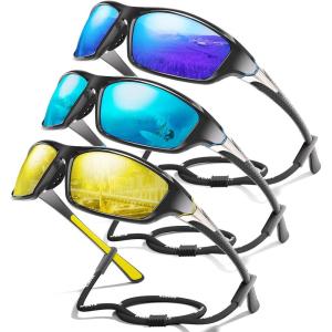 3 Pack Polarized Sports Sunglasses for Men, Mens Sunglasses Wrap Around UV Protection for Cycling Fishing Driving(C06-dark Blue/Ice Blue/Yellow)