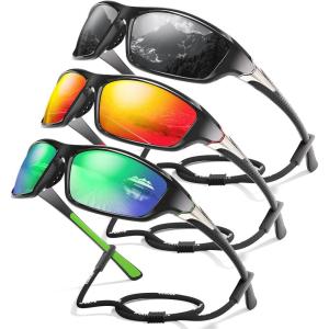3 Pack Polarized Sports Sunglasses for Men, Mens Sunglasses Wrap Around UV Protection for Cycling Fishing Driving(C08-grey/Red/Green)
