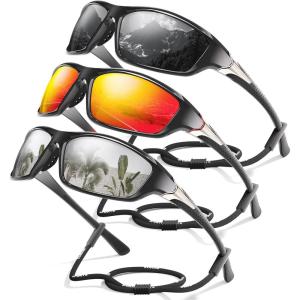 3 Pack Polarized Sports Sunglasses for Men, Mens Sunglasses Wrap Around UV Protection for Cycling Fishing Driving(C09-grey/Red/White)