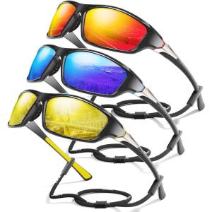 3 Pack Polarized Sports Sunglasses for Men, Mens Sunglasses Wrap Around UV Protection for Cycling Fishing Driving(D02-red/Dark Blue/Yellow)