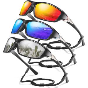 3 Pack Polarized Sports Sunglasses for Men, Mens Sunglasses Wrap Around UV Protection for Cycling Fishing Driving(D03-red/Dark Blue/White)