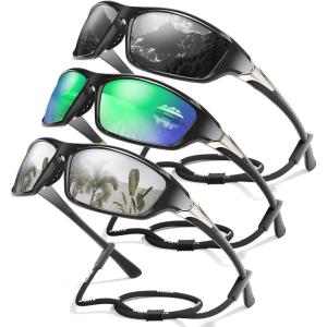 3 Pack Polarized Sports Sunglasses for Men, Mens Sunglasses Wrap Around UV Protection for Cycling Fishing Driving(D08-grey/Green/White)