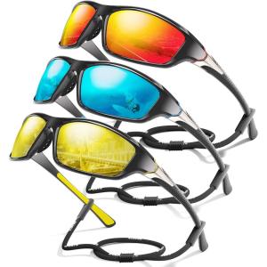 3 Pack Polarized Sports Sunglasses for Men, Mens Sunglasses Wrap Around UV Protection for Cycling Fishing Driving(E01-red/Ice Blue/Yellow)