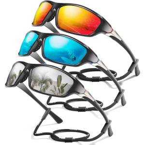 3 Pack Polarized Sports Sunglasses for Men, Mens Sunglasses Wrap Around UV Protection for Cycling Fishing Driving(E02-red/Ice Blue/White)