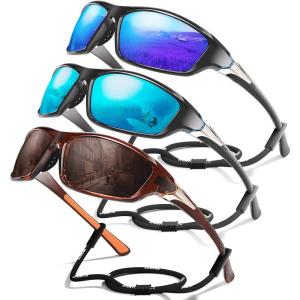 3 Pack Polarized Sports Sunglasses for Men, Mens Sunglasses Wrap Around UV Protection for Cycling Fishing Driving(E05-dark Blue/Ice Blue/Coffee)