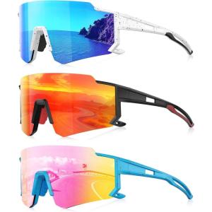 3 Pack Polarized Sunglasses for Men Women, Sports Mens Sunglasses with UV Protection for Baseball Cycling Running(A08-ice Blue/Red/Pink)