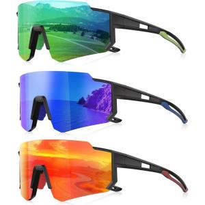 3 Pack Polarized Sunglasses for Men Women, Sports Mens Sunglasses with UV Protection for Baseball Cycling Running(A09-green/Dark Blue/Red)