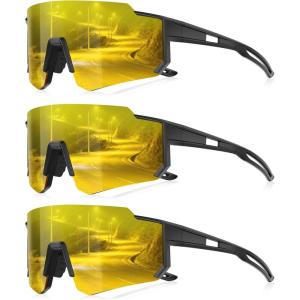 3 Pack Polarized Sunglasses for Men Women, Sports Mens Sunglasses with UV Protection for Baseball Cycling Running(B01-yellow/Yellow/Yellow)