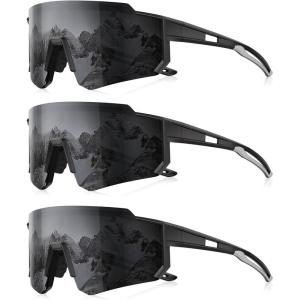 3 Pack Polarized Sunglasses for Men Women, Sports Mens Sunglasses with UV Protection for Baseball Cycling Running(B02-black Gray/Black Gray/Black Gray)
