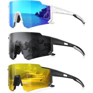 3 Pack Polarized Sunglasses for Men Women, Sports Mens Sunglasses with UV Protection for Baseball Cycling Running(B03-ice Blue/Gray/Yellow)