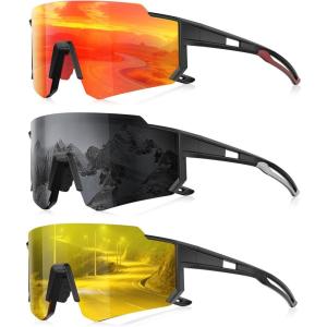 3 Pack Polarized Sunglasses for Men Women, Sports Mens Sunglasses with UV Protection for Baseball Cycling Running(B07-red/Gray/Yellow)
