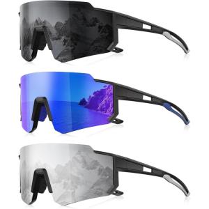 3 Pack Polarized Sunglasses for Men Women, Sports Mens Sunglasses with UV Protection for Baseball Cycling Running(B08-gray/Dark Blue/White)