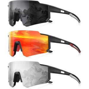 3 Pack Polarized Sunglasses for Men Women, Sports Mens Sunglasses with UV Protection for Baseball Cycling Running(B09-gray/Red/White)