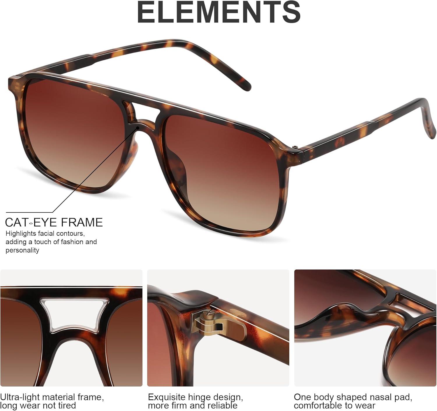 imageRetro Classic Aviator Square Sunglasses for Women Men 70s Vintage Trendy Double Bridge Oversized Polarized SunglassesA1leopard Frame Gradient Brown