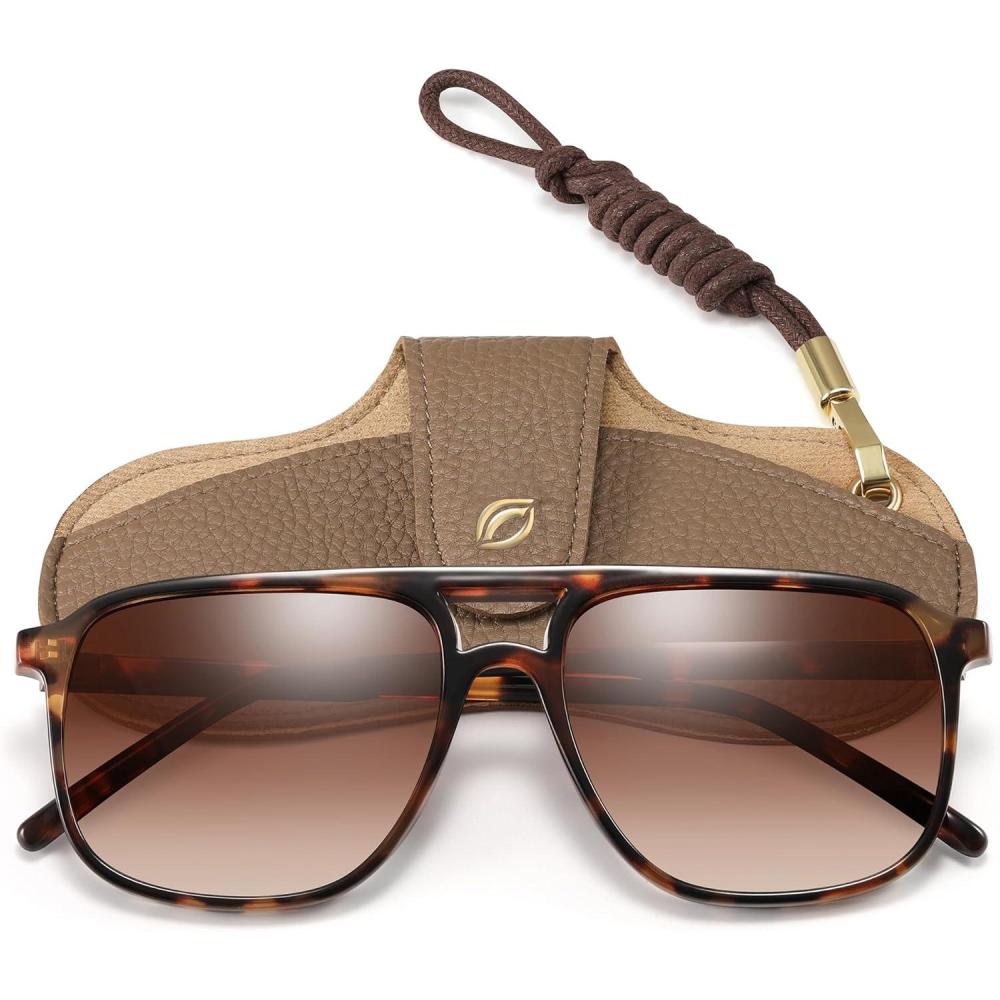 imageRetro Classic Aviator Square Sunglasses for Women Men 70s Vintage Trendy Double Bridge Oversized Polarized SunglassesA1leopard Frame Gradient Brown