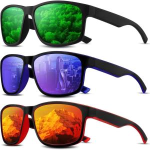 Square Polarized Sunglasses for Men and Women, Mens Sunglasses UV Protection with Lightweight Frame Sun Glasses(A08-green/Dark Blue/Red)
