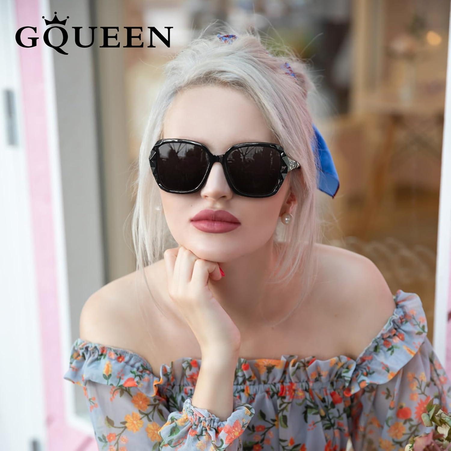 imageGQUEEN Lunettes de Soleil Femme Polarises Retro Classique Carres Lunettes Grand Cadre Protection UV40011 NoirGris