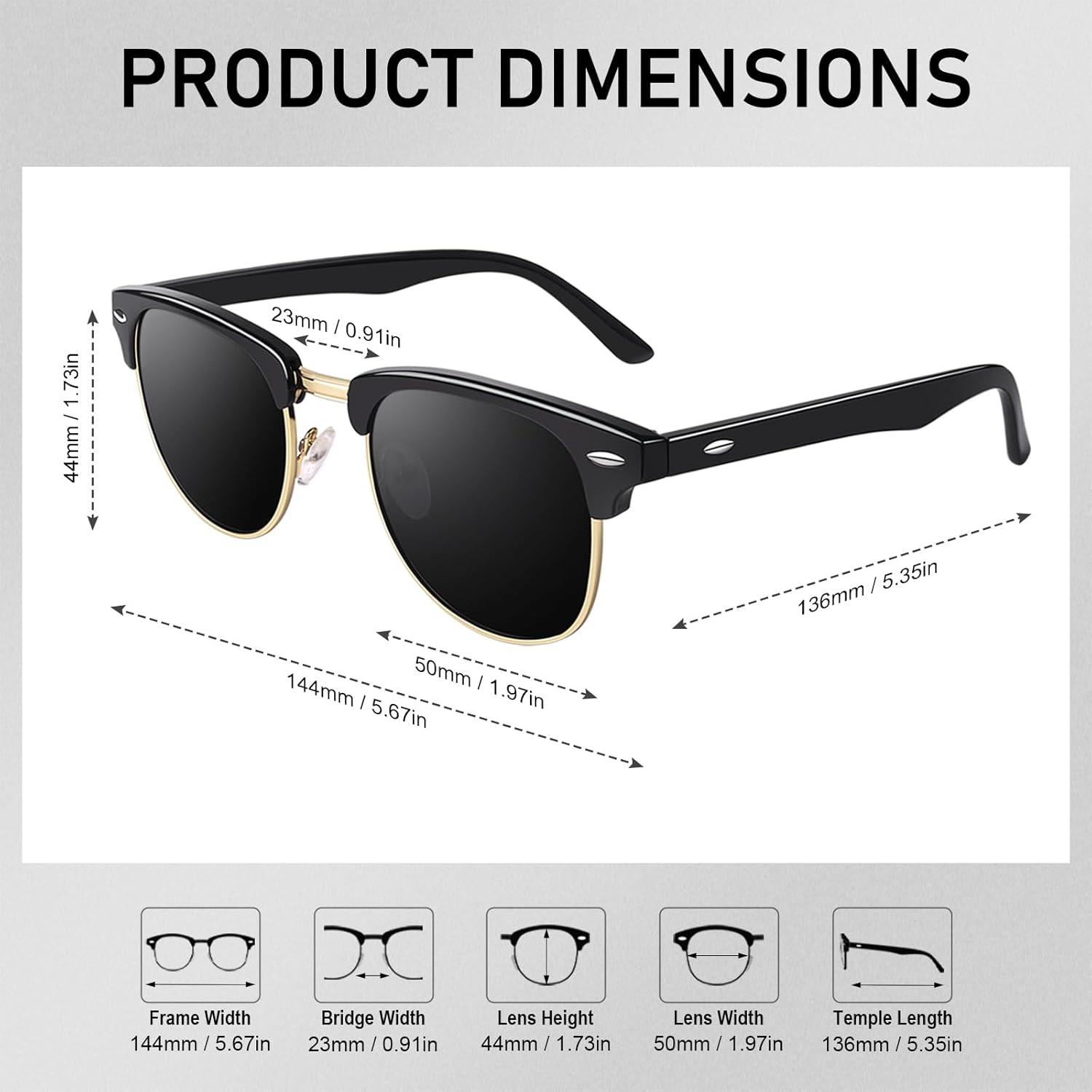 imageGQUEEN Lunettes de Soleil Homme Femme Polarises Retro DemiCercles DemiMonture Protection UV400 GQO61 Cadre Noir BrillantLentille Grise Bord Dor