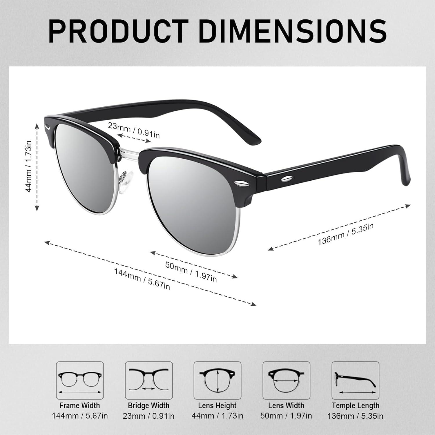 imageGQUEEN Lunettes de Soleil Homme Femme Polarises Retro DemiCercles DemiMonture Protection UV400 GQO61 Noir Argent