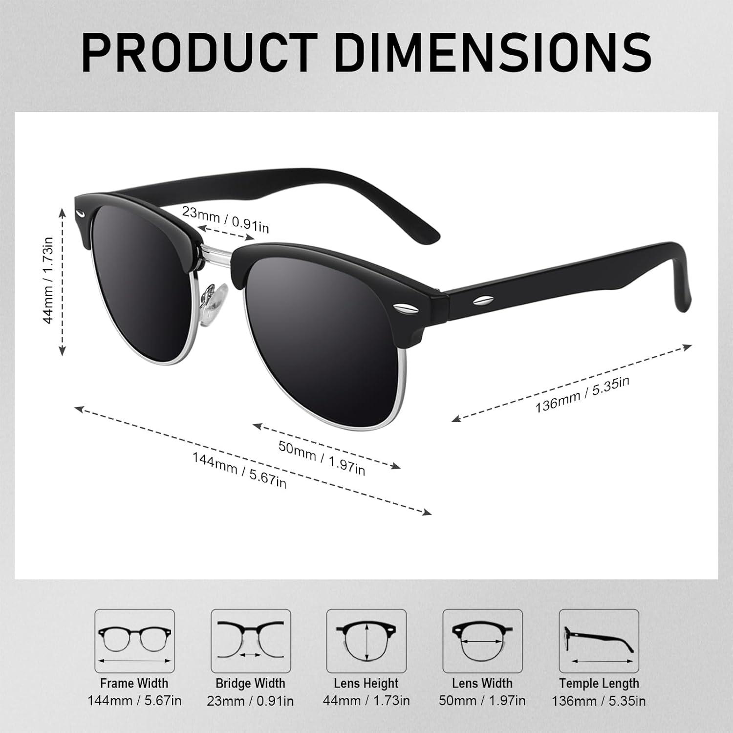 imageGQUEEN Lunettes de Soleil Homme Femme Polarises Retro DemiCercles DemiMonture Protection UV400 GQO62 Brillant Noir Gris Cadre Noir BrillantLentille Grise Bord Dor