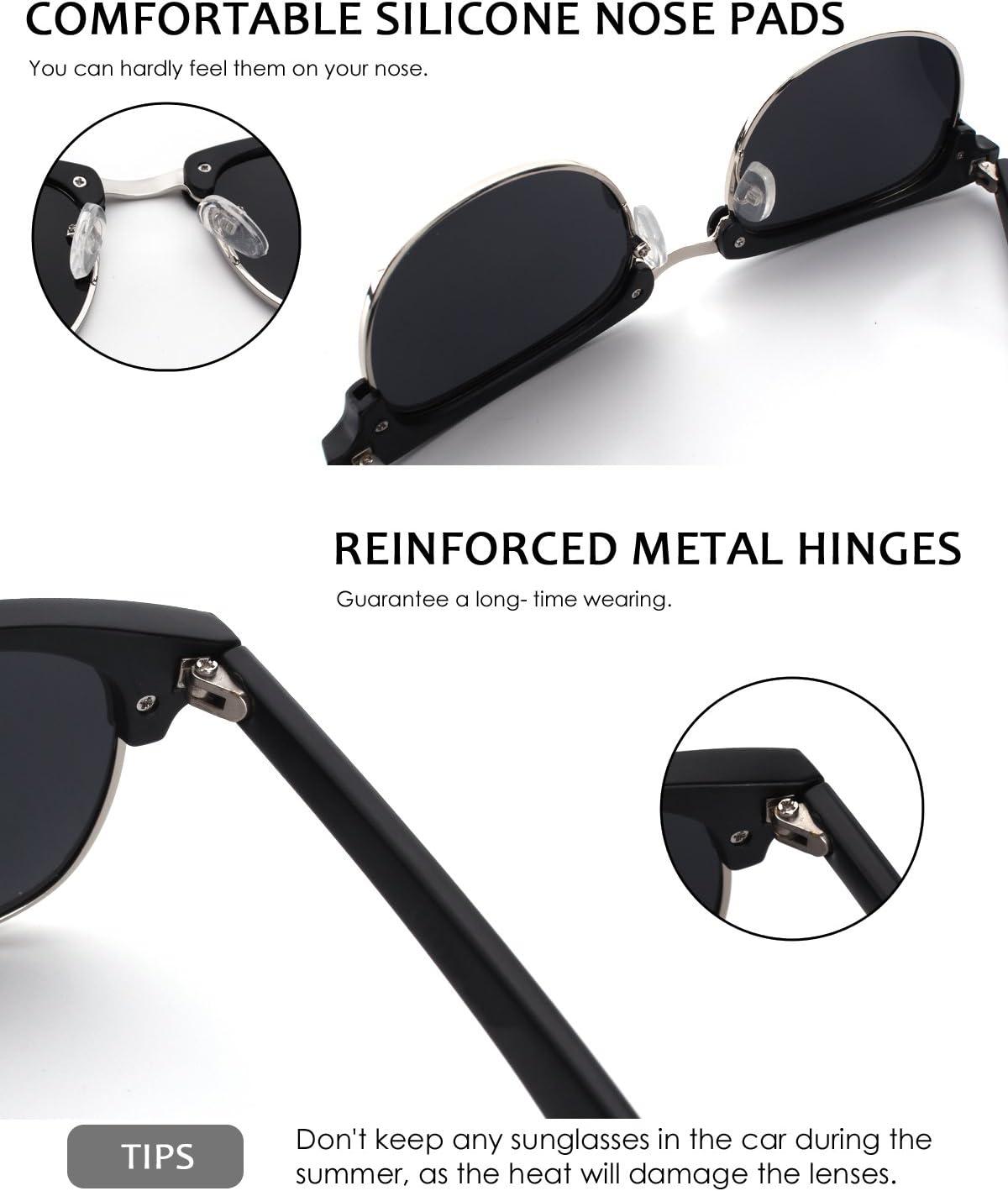 imageGQUEEN Lunettes de Soleil Homme Femme Polarises Retro DemiCercles DemiMonture Protection UV400 GQO62 Noir Mat Gris Brillant Noir Gris