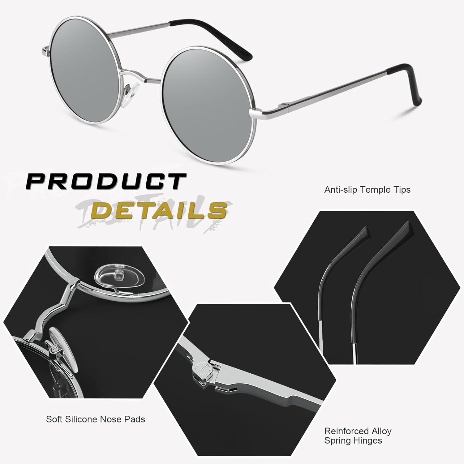 imageGQUEEN Lunettes de Soleil Homme et Femme Polarises Classiques Ronde Rtro Vintage Mtal Cadre Unisexe Avec Protection UV400 MEZ1Argent Argent