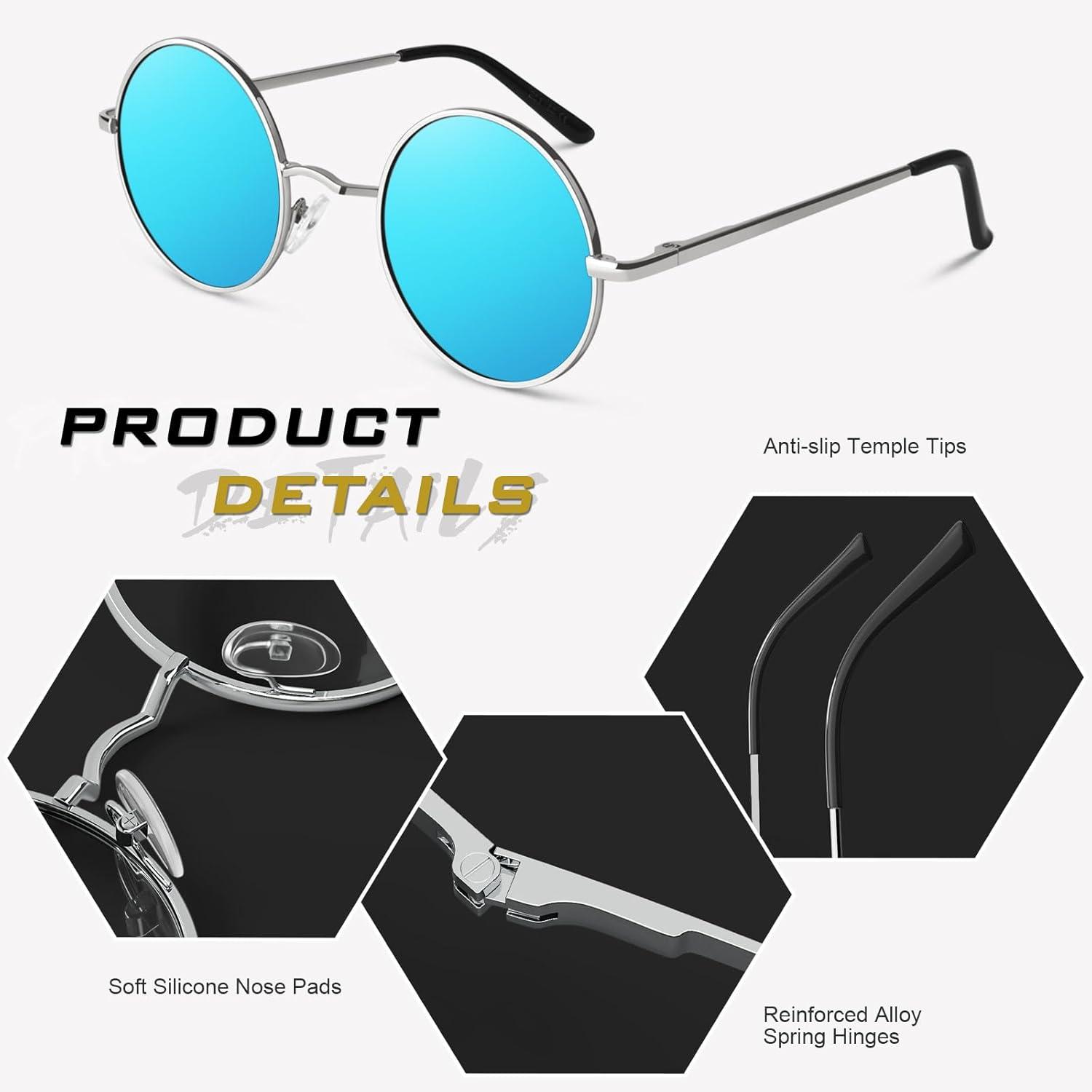 imageGQUEEN Lunettes de Soleil Homme et Femme Polarises Classiques Ronde Rtro Vintage Mtal Cadre Unisexe Avec Protection UV400 MEZ1Argent Bleu