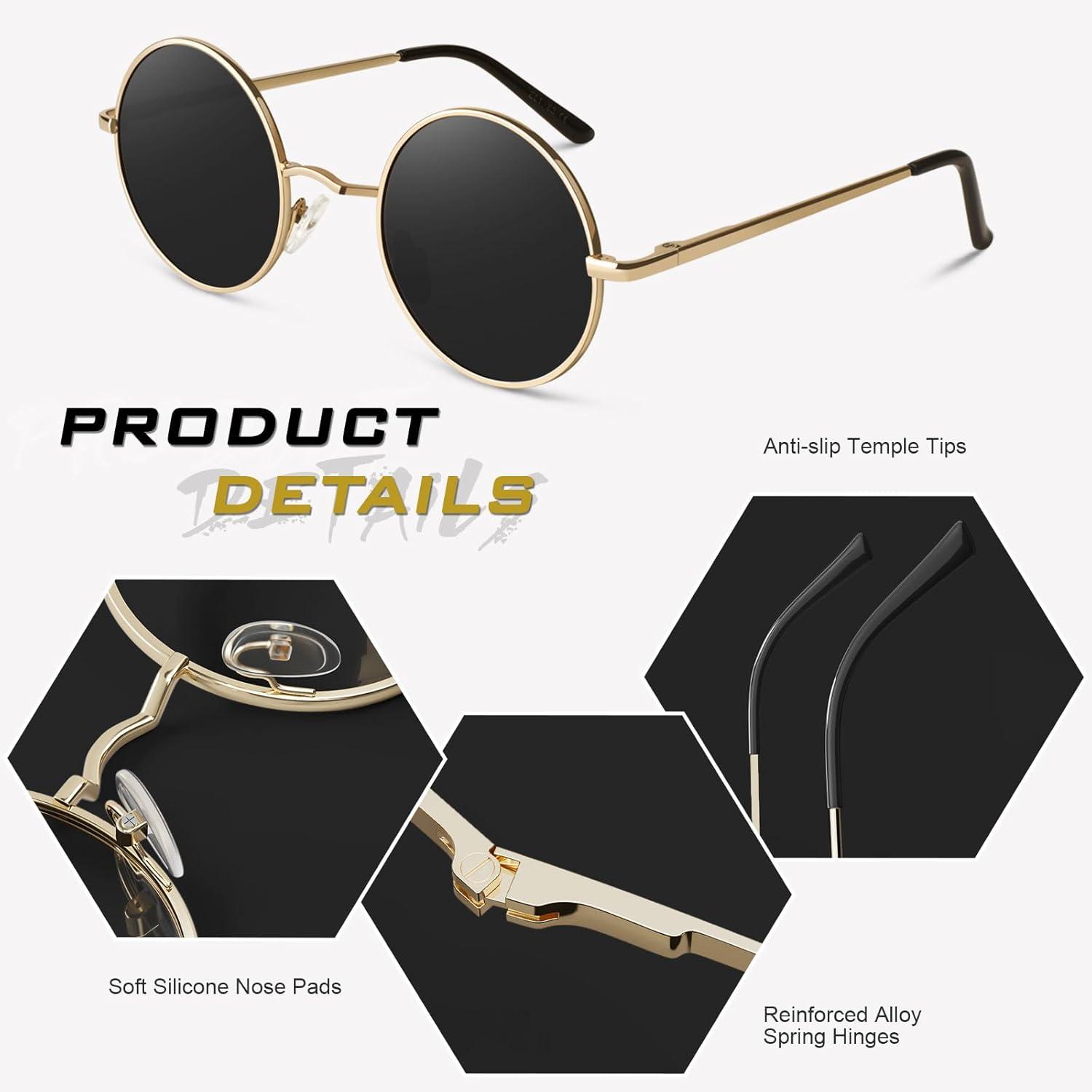 imageGQUEEN Lunettes de Soleil Homme et Femme Polarises Classiques Ronde Rtro Vintage Mtal Cadre Unisexe Avec Protection UV400 MEZ1Dor Gris