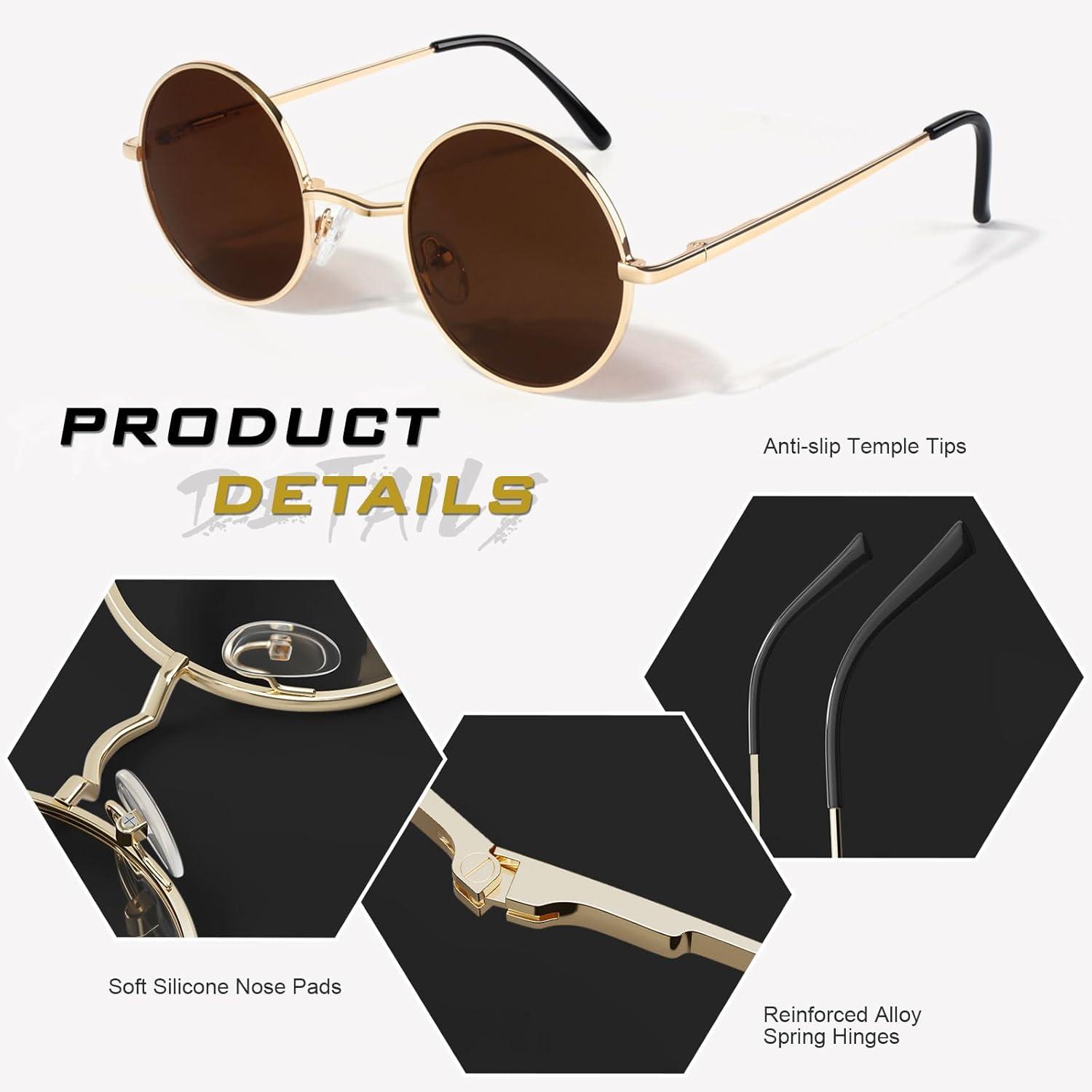 imageGQUEEN Lunettes de Soleil Homme et Femme Polarises Classiques Ronde Rtro Vintage Mtal Cadre Unisexe Avec Protection UV400 MEZ1Dor Marron